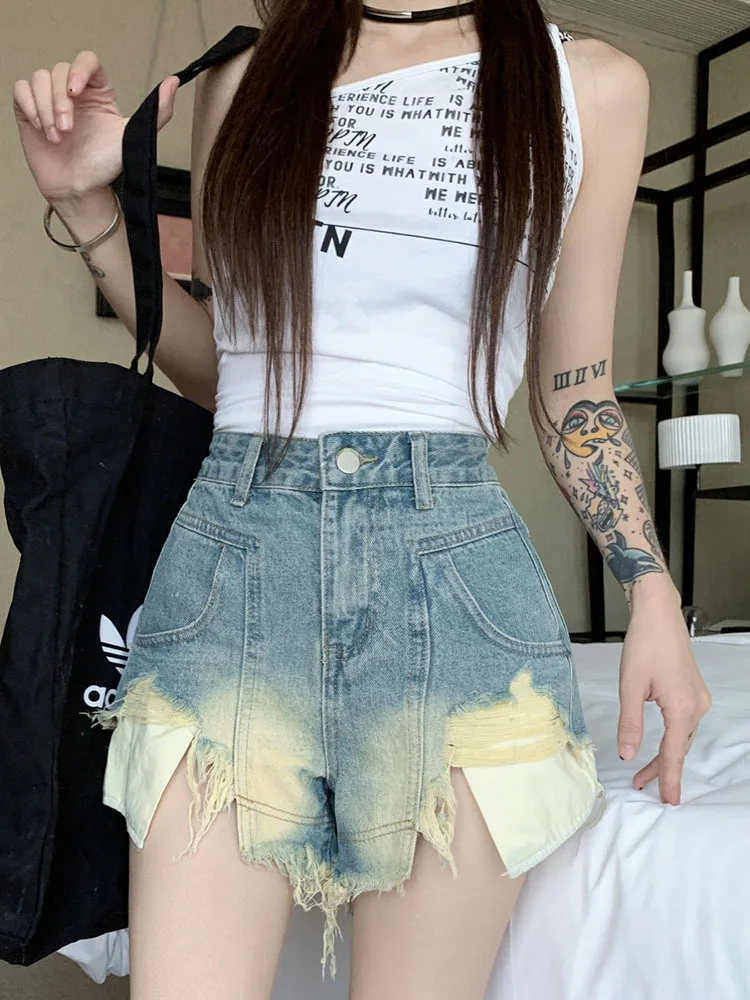 Ripped High Waist Short Jeans Lady Tassels Raw Edge Nostalgic Hole Denim Pants Sexy Nightclub A Line Wide Leg Shorts