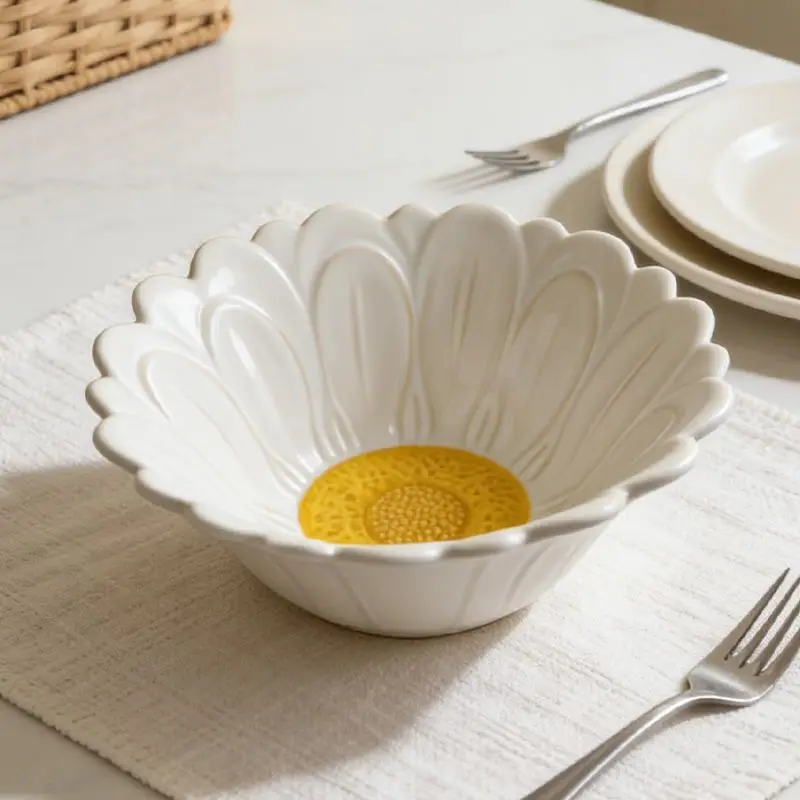 9inch Ceramic Lace Pasta Plate Simulated White Chrysanthemum Fruit Salad Bowl Kitchen Breakfast Dessert Plate Kitchen Tableware