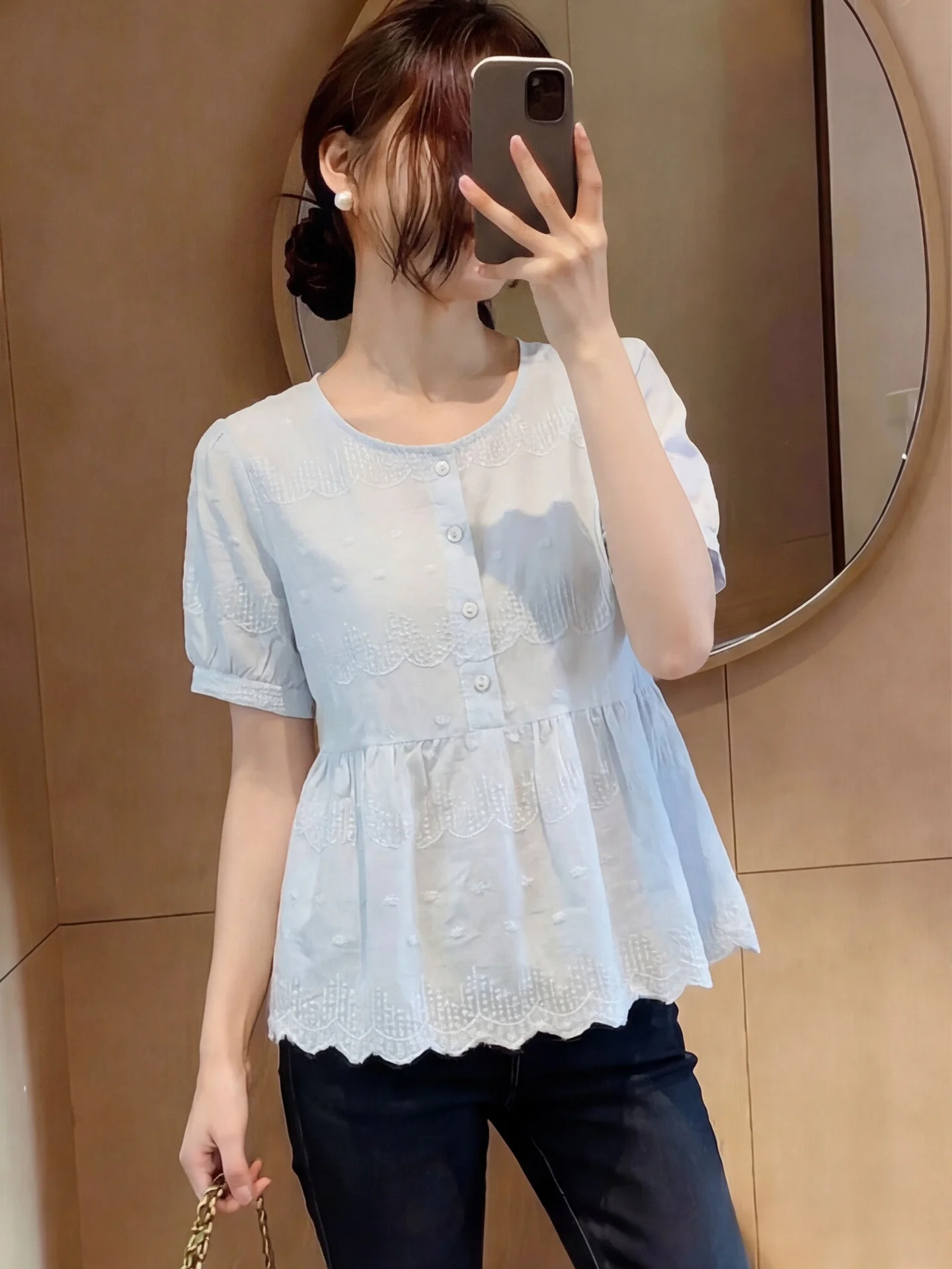 

French Style Loose Fit Short Sleeve Embroidered Floral Print Shirt Women's Summer Thin Breathable Slimming Lace Doll Shirt ro...