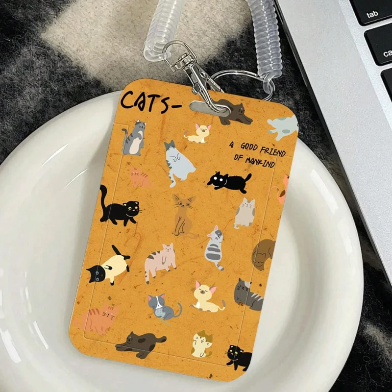 Colored Cats Work Card Holders with Lanyard PU Bank Card Name Credit Card Holders Card Bus ID Holders Identity Badge Spring Rope