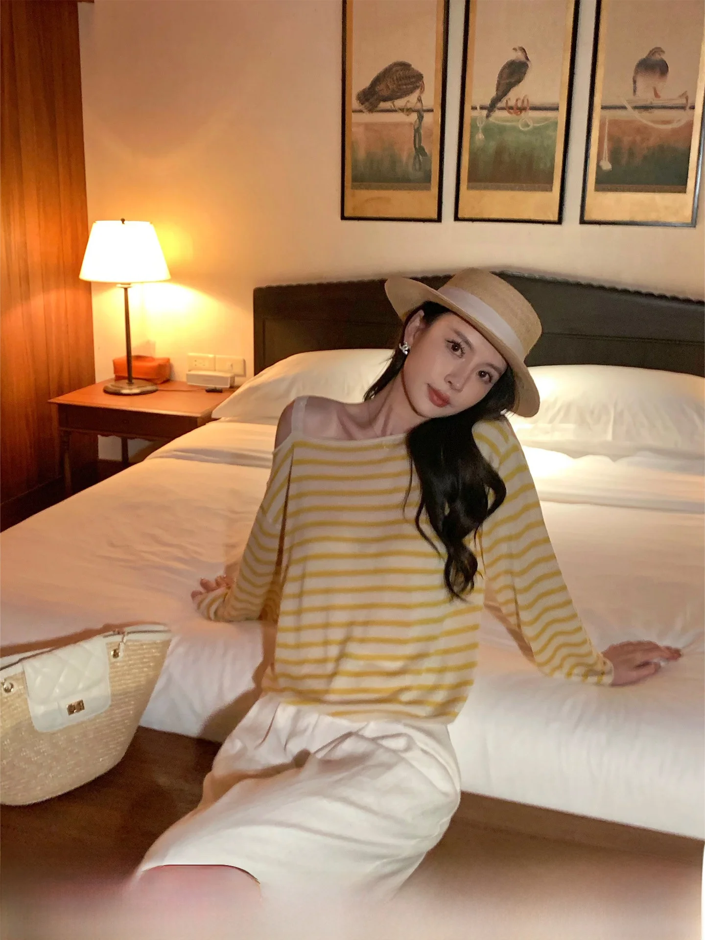 

Kun Impressionist Silk Long Sleeve Women's T-shirt Striped Vintage Style Summer New Arrival Loose Fit Wool Blend T-shirt