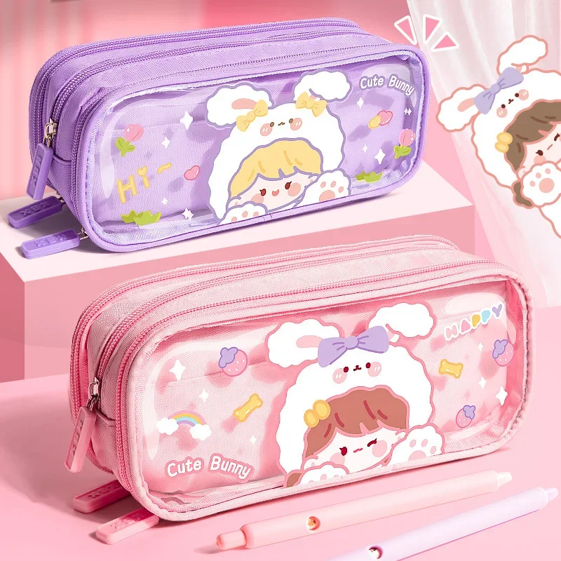 Three-layer Large-capacity Transparent Pencil Case Cute Print Wear-resistant Waterproof Pupil Stationery Storage Box