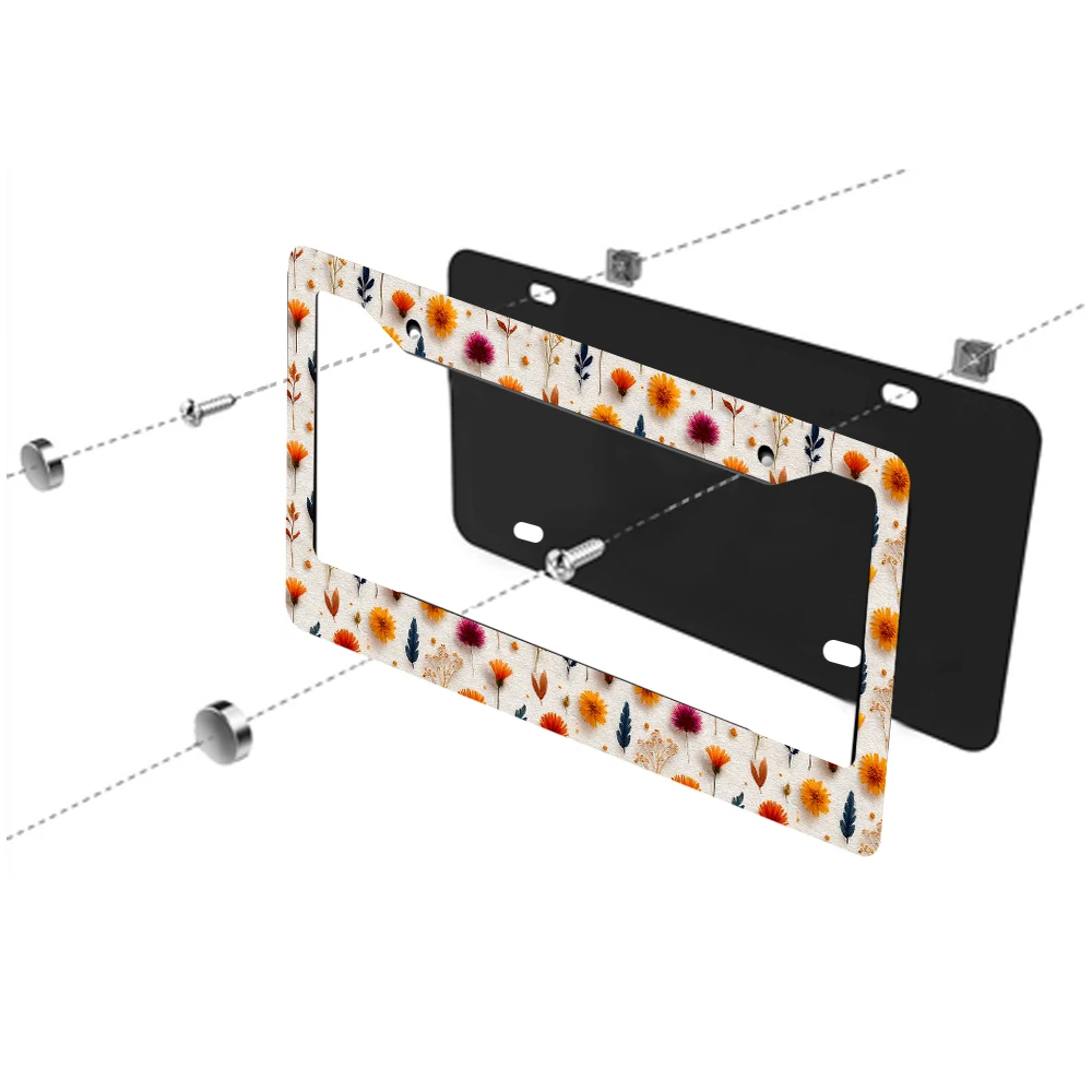 1 قطعة إطار لوحة ترخيص بنمط زهور عتيقة بفتحتين، تصميم زهرة متعدد الألوان، مادة ألومنيوم، 6 × 12 بوصة، يتضمن برغي