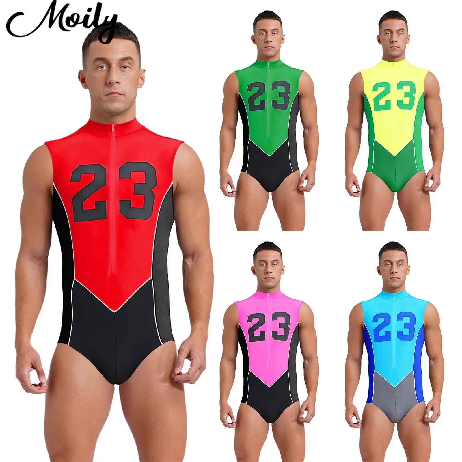

Adullt Men's Sleeveless Front Zipper Number Printed Color Block Patchwork Leotard for Cycling Swimming Running Workout Exercise