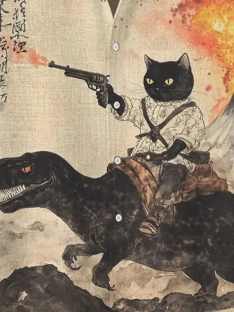 Men's Japanese Lapel Collar 2025 New Outerwear Blouse Retro Calligraphy Cat Dinosaur Volcanic Eruption Print Short Sleeve Shirt