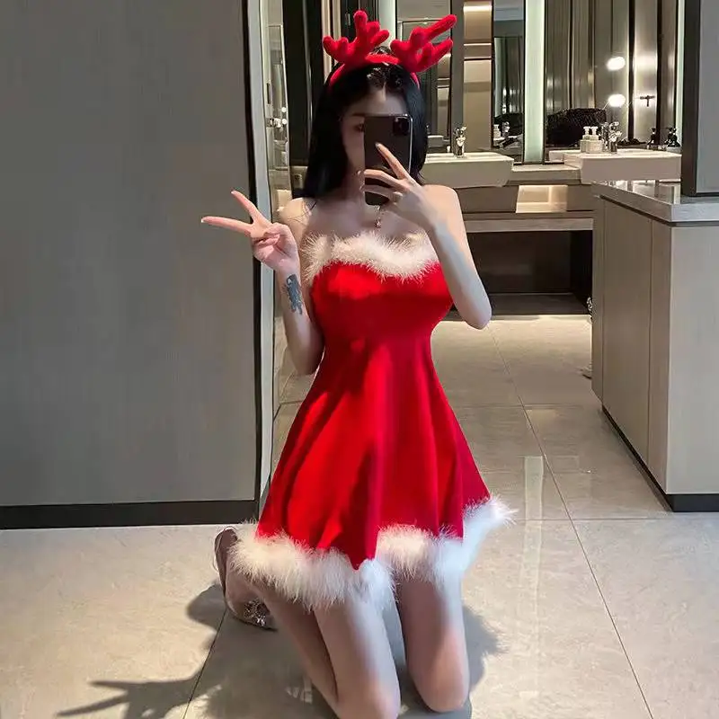 Women Christmas Lady Santa Claus Cosplay Costume Winter Off Shoulder Dress Tube Dresses Sexy Lingeries Backless Uniform