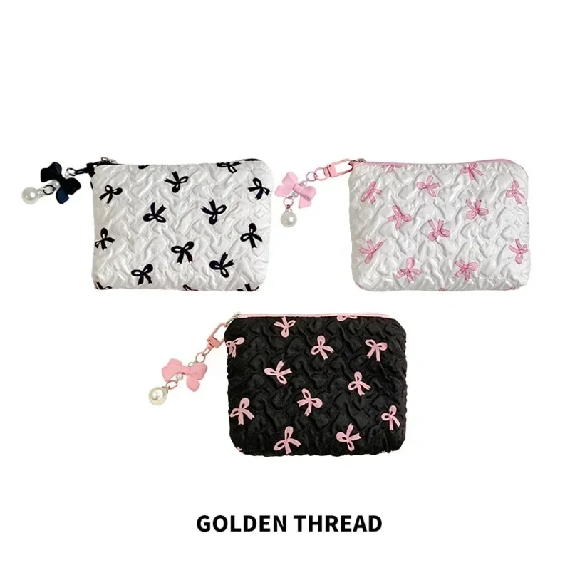 Small Hand Makeup Bag Pink Black Print Bow Women\'s Convenient Lipstick Card Mini Case Cosmetic Bag Sanitary napkin Storage Bag
