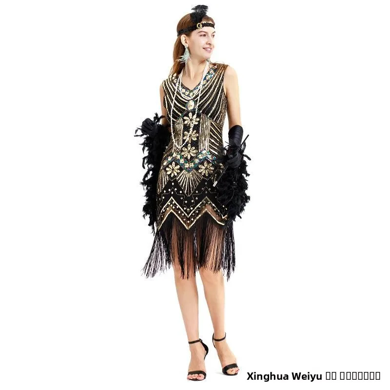 ريترو 920s غاتسبي الدكتور مع التطريز الثقيل الخرز هامش تنورة الملابس النسائية iny الترتر ثوب الزي الصيني التقليدي