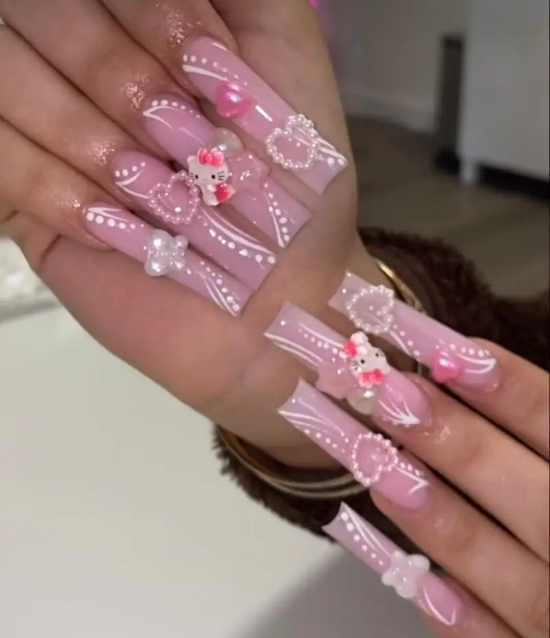 Diy Sanrios Kitty Kuromi Cinnamoroll Saturn Long Style Nail Tips Rhinestone Press On Nail Sweet Cool Y2K False Nails for Girls ﻿