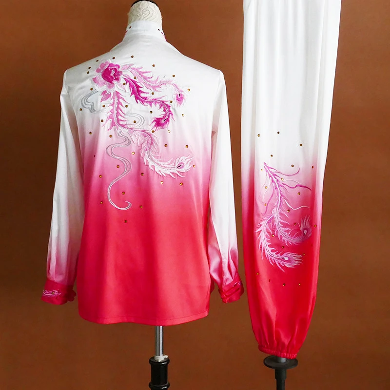 New Custom Phoenix Embroidery White Rose Red Gradient Tai Chi Uniform Kung Fu Suit Team Performance Competition Men Women Custom