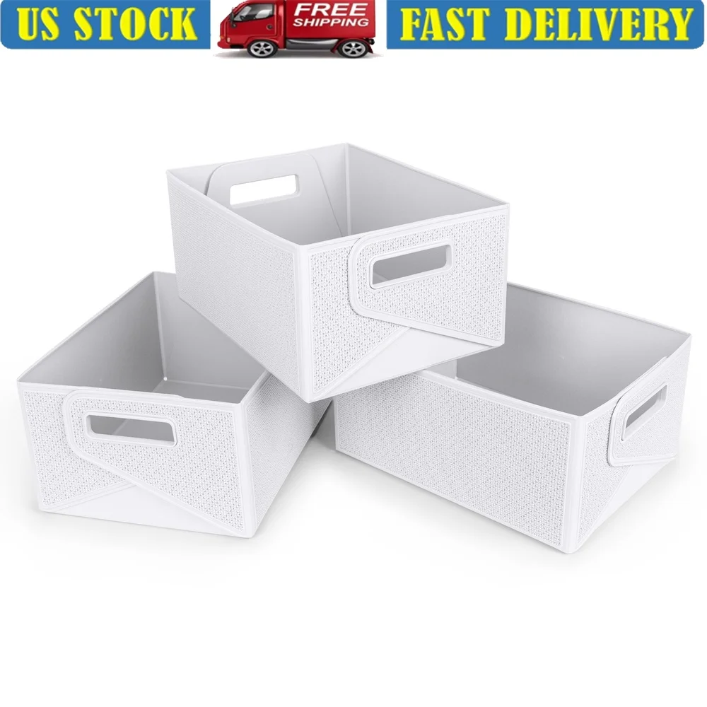 

Складные пластиковые контейнеры для хранения, набор из 3-х прочных органайзеров с двумя ручками для домашнего офиса, колледжа и гаража