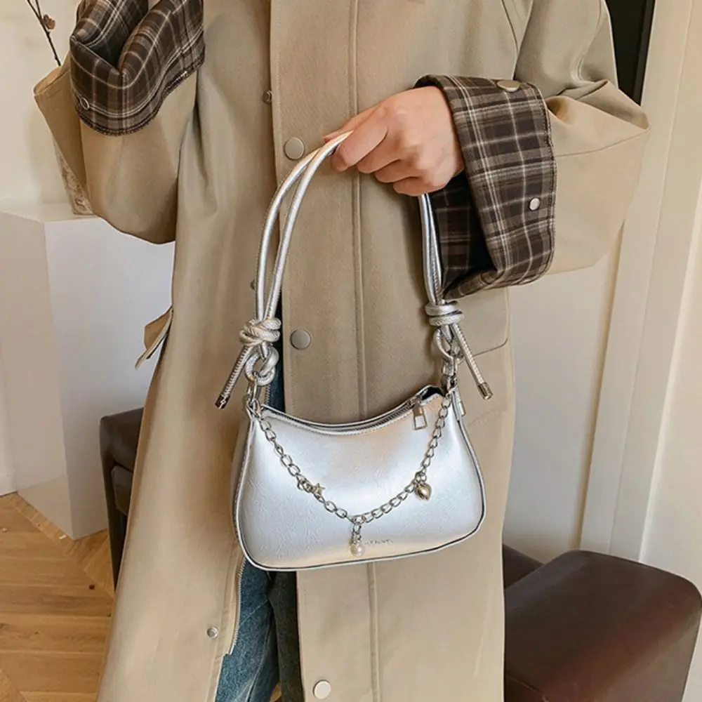 

Casual Vintage Half Moon Underarm Bag Classic Chain Silver Tote Bag Minimalist Elegant Y2K Shoulder Bag Women