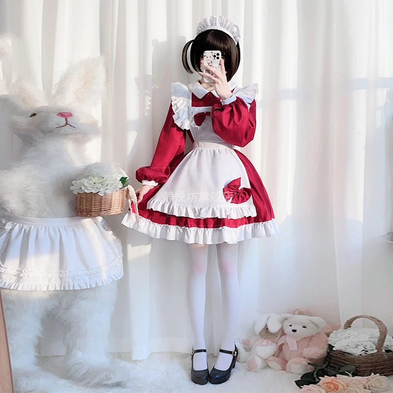 Plus Size Meid Cosplay Akihabara Kat Meisje Rode Lange Mouwen Mooie Dienstmaagd Lolita Jurk Anime Koffie Huis Kleding 3-delig