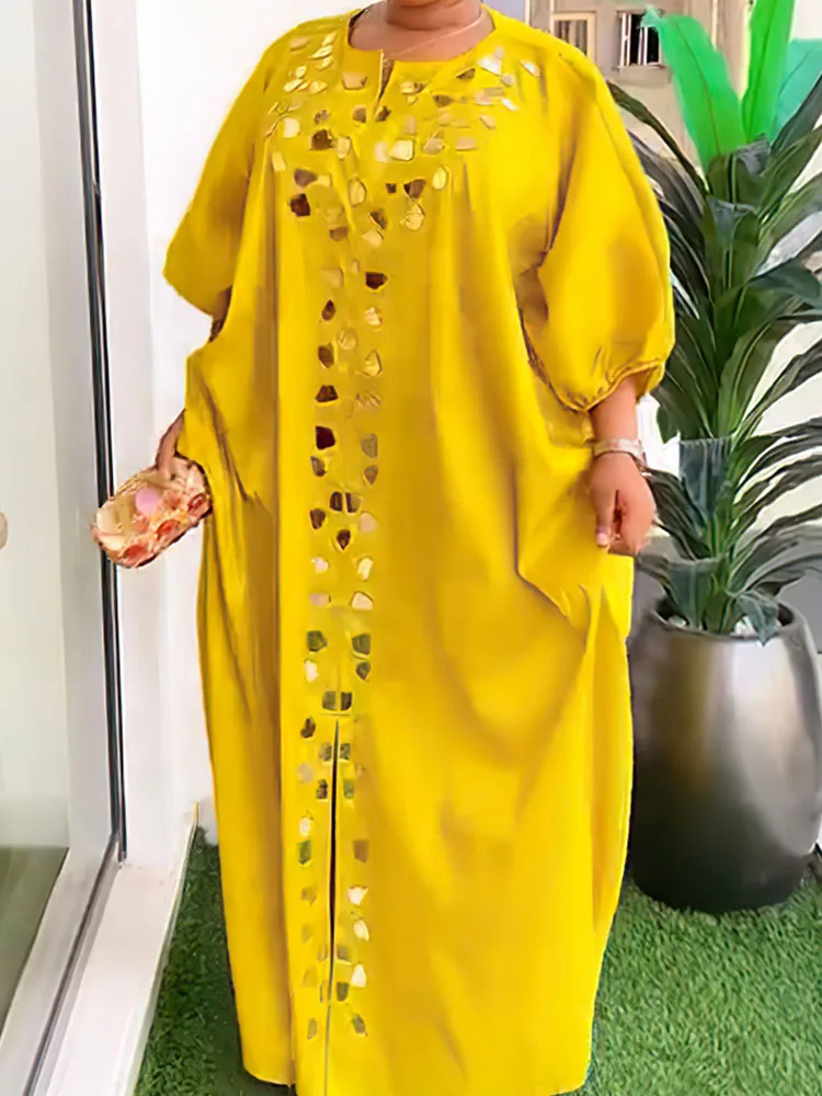 

Повседневное свободное макси-платье А-силуэта для женщин, элегантное, с рукавами-фонариками, круглым вырезом, блестящими стразами, разрезом, для ночного клуба, вечеринок, длинные платья, Vestidos