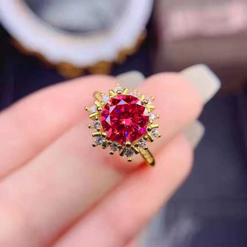 New temperament red corundum silver ring women's 5-carat snowflake full diamond opening colored treasure ring