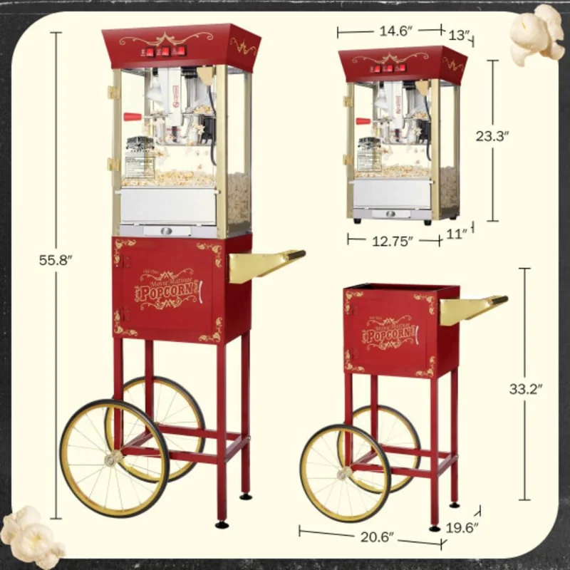 Машина для попкорна Matinee с тележкой — Поппер на 8 унций с чайником из нержавеющей стали, согревающим светом и аксессуарами от Great Northern