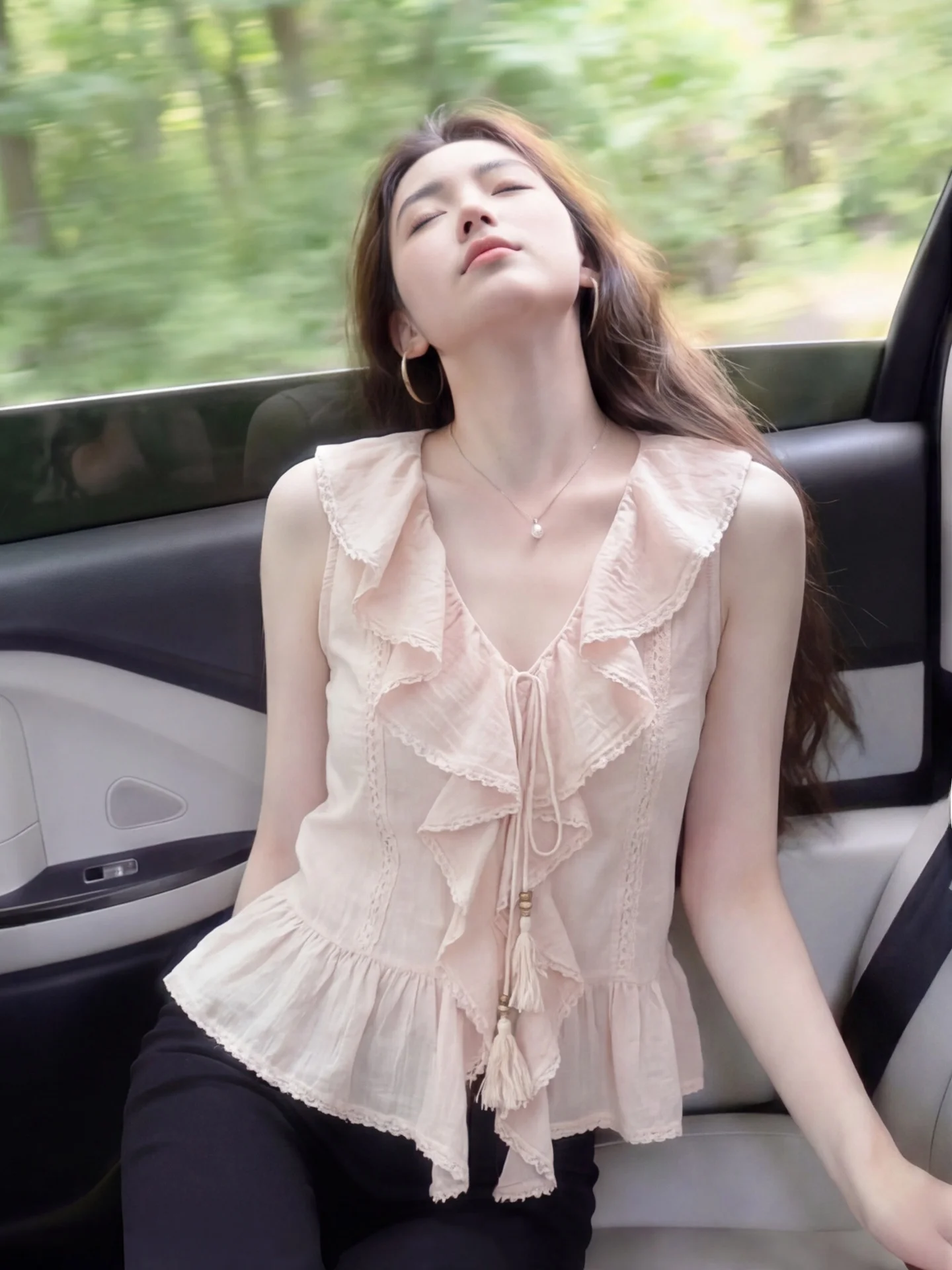 

Pink Lace Trim V-Neck Vest Shirt Women's Summer Design Sense Tassel Belted Little Shirt Korean Style Breathable Skin-Friendly