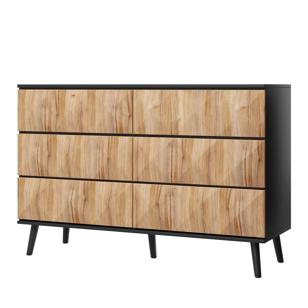 Das Sideboard und die Kommode von PINGGO zeichnen sich durch eine Kombination aus Schwarz- und Naturholztönen sowie durch erhabene Türen aus. – Detail 15