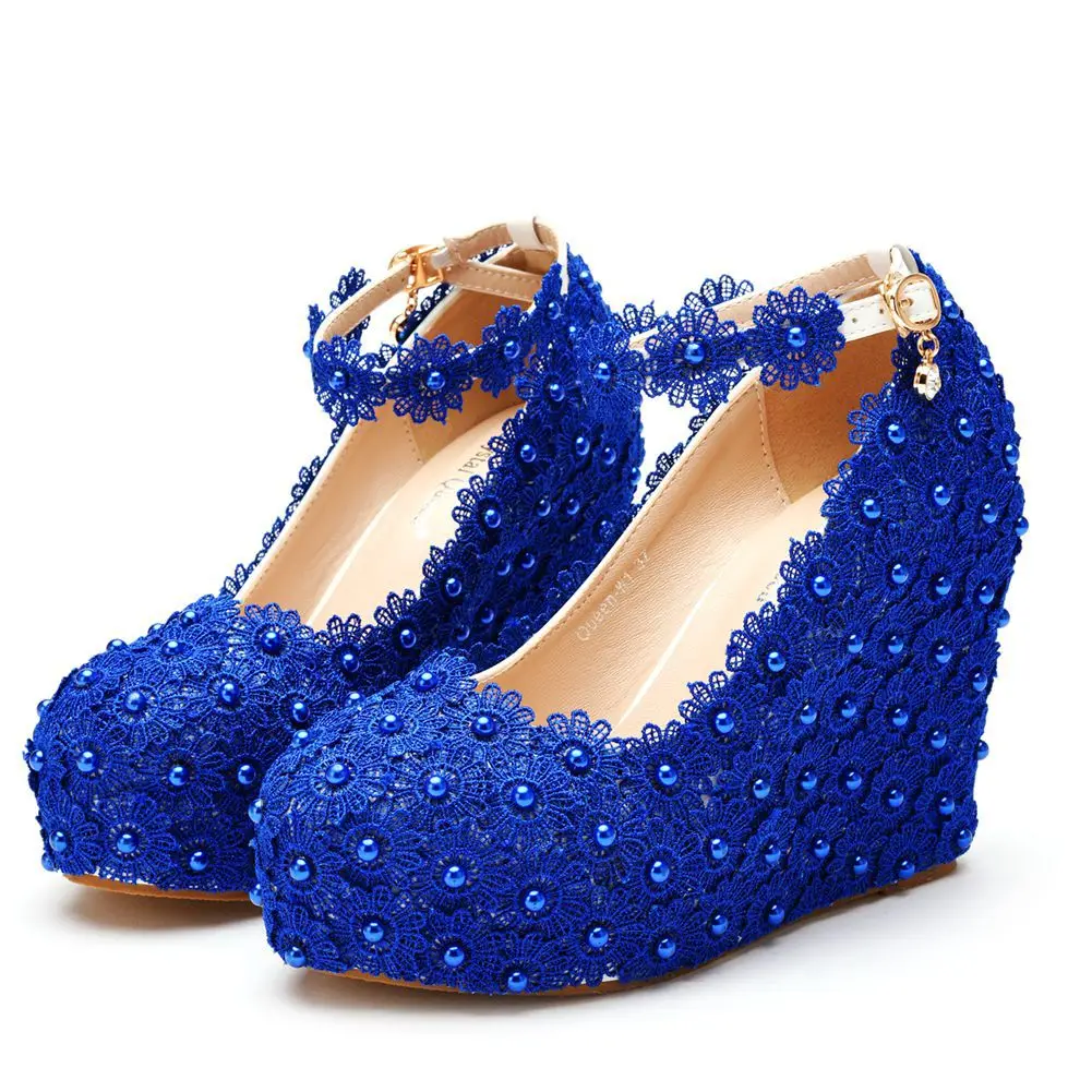 Lace Pearl Wedding Shoes Women's Wedges Platform Shoe Shallow Autumn Spring High Heels Casual Shoe White Blue Pink For Change