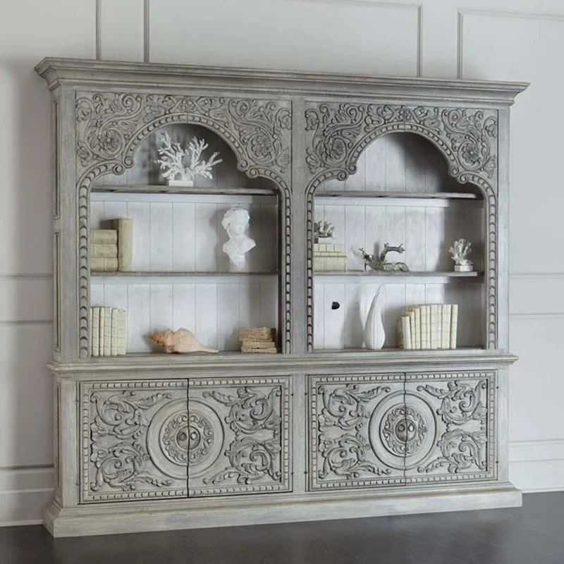 

High-end furniture bookcase, European living room locker wine cabinet dining side cabinet solid wood carving flower old