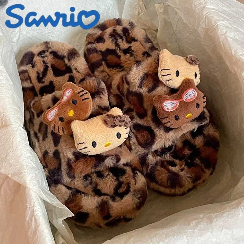 Hot Hello Kitty Leopard Print Cartoon Slipper Sanrio Cute Autumn And Winter Spicy Girl Thick Bottom Fashion Non-Slip Home