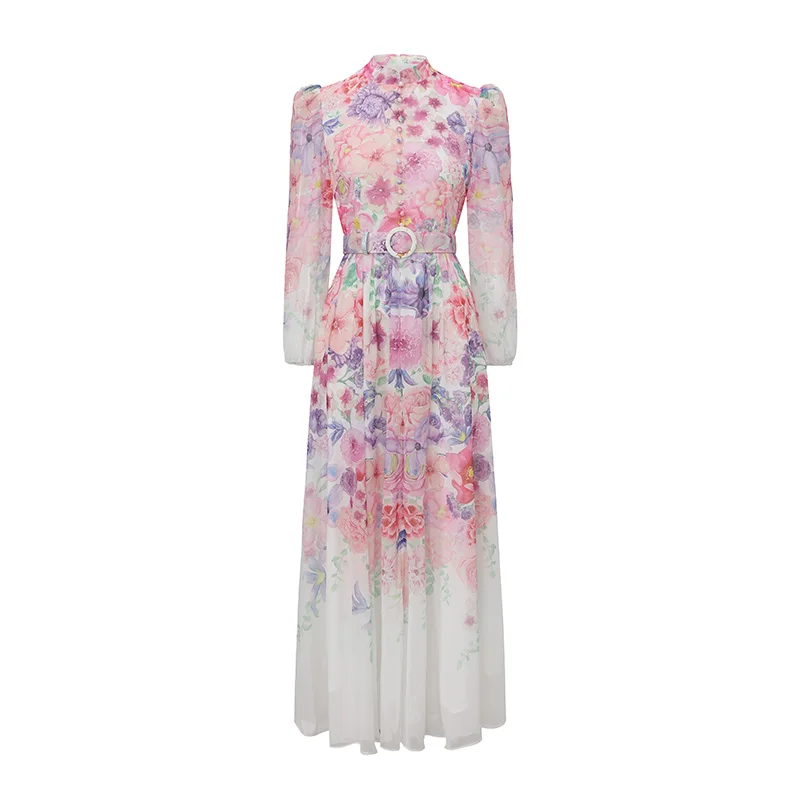

Women's Slim Fit Summer Dress Romantic Floral Print Stand Collar Long Sleeve High Waist A-Line for Commute And Holiday