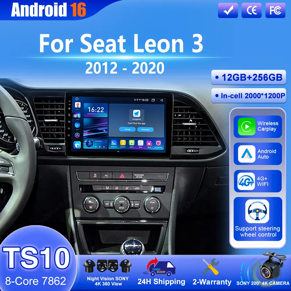 

Android 16 Carplay For Seat Leon 3 2012 - 2020 Auto Radio Stereo Multimedia Video Player GPS Navigation 4G+WIFI BT Touch Screen