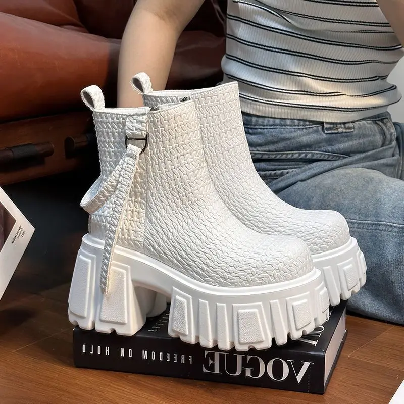 

Женские ботильоны, модная обувь, увеличивающая рост, дизайн 10 см, тканая искусственная кожа на молнии, осенне-зимняя удобная женская обувь