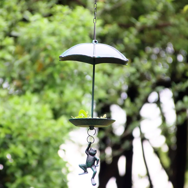 Antique Green Cast Iron Bird Feeder Hanging Umbrella Frog With Chain For Home Garden Outdoor Decoration Hand Crafted Bird Bath