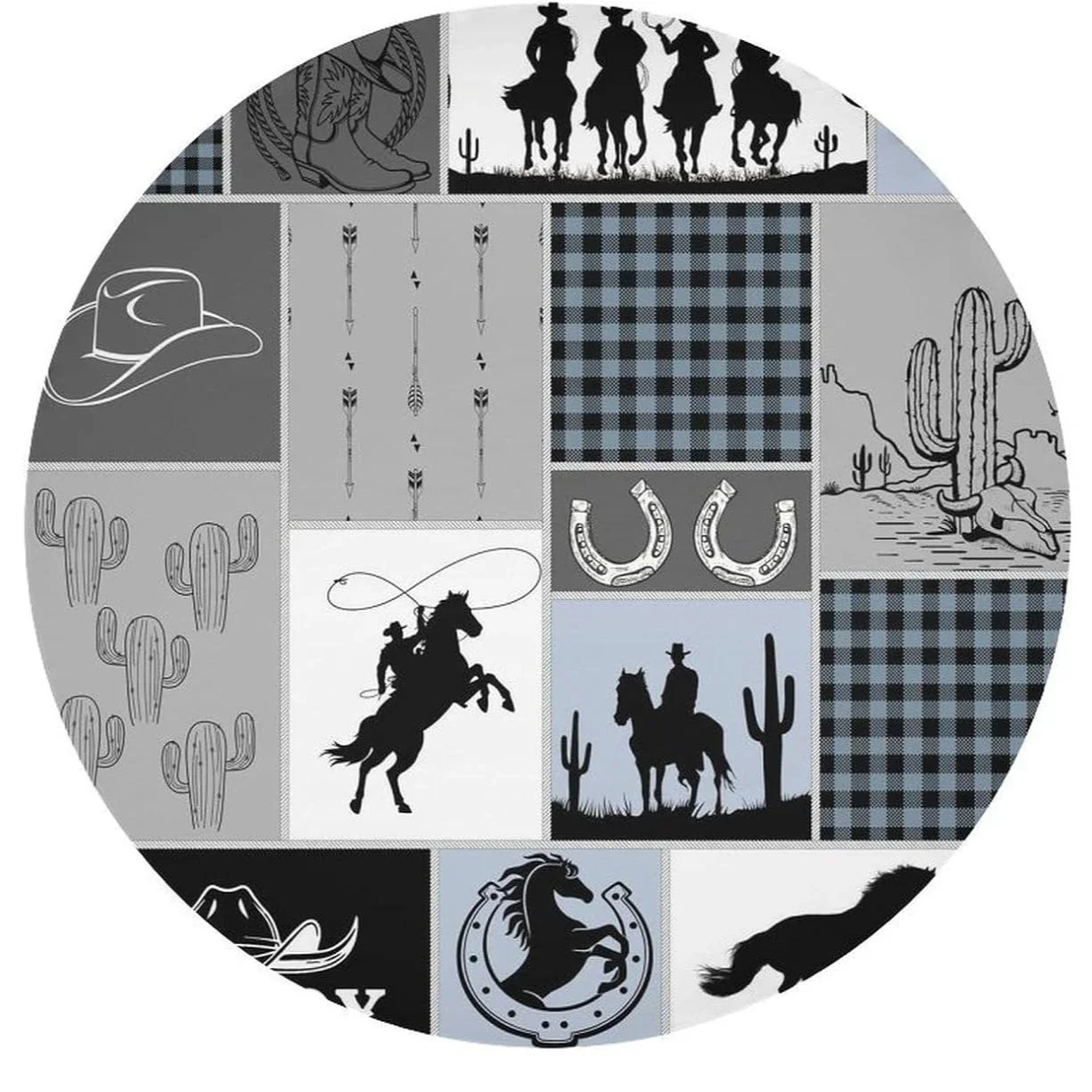 Vintage Rodeo Cowboy Hat Boots Circle Tablecloth - Horse Cactus Desert Cow Skull Buffalo Plaid Home Party Cover