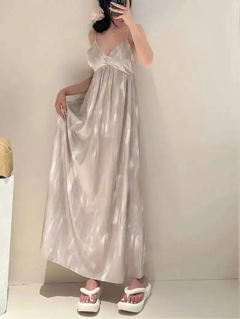 Summer New French Suspender Dress Elegant Gentle Temperament For Women Long Dresses Slim Fashion Sexy Women Tops Robe VN3H