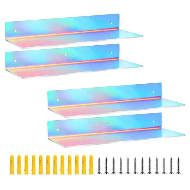 4Pcs Iridescent Acrylic Floating Shelves 4Pcs Iridescent Acrylic Floating Shelves Rainbow Colorful L Shape Rainbow Shelf Wall