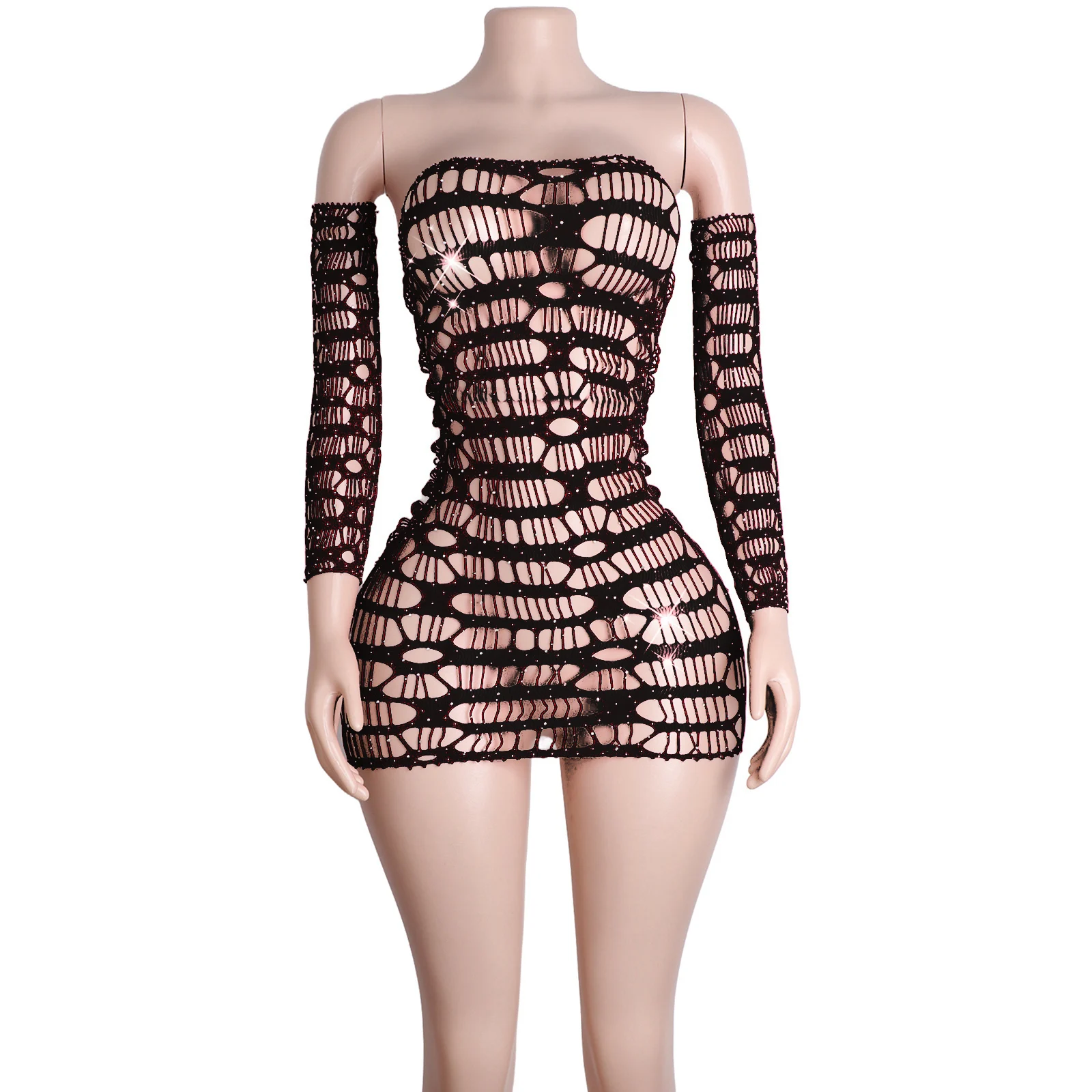 Mesh Fishnet Rock Dessous Strass Ärmeln Elegantes Performance Kleid Clubwear Sexy Party Bühne Outfit Nacht Show