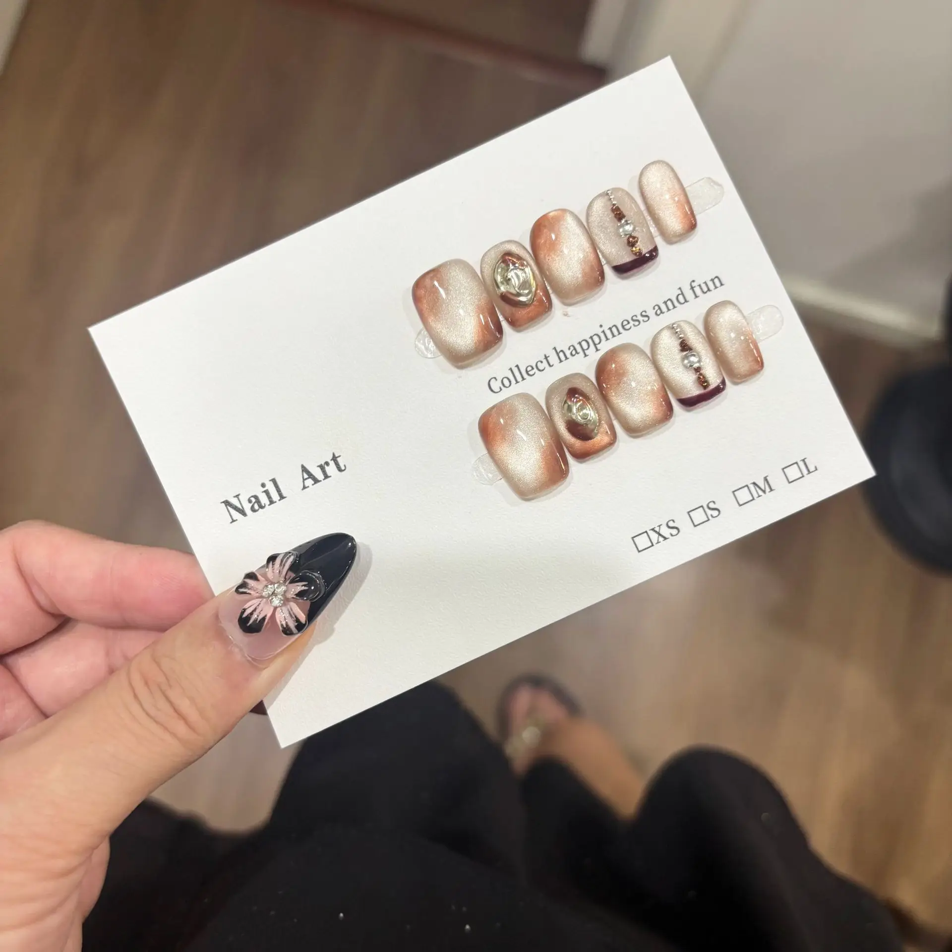 10Pcs Handmade Short French Press On Nails Amber Glitter Glossy Cat Eye Gradients Design Autumn False Nails Wearable Nails Tips