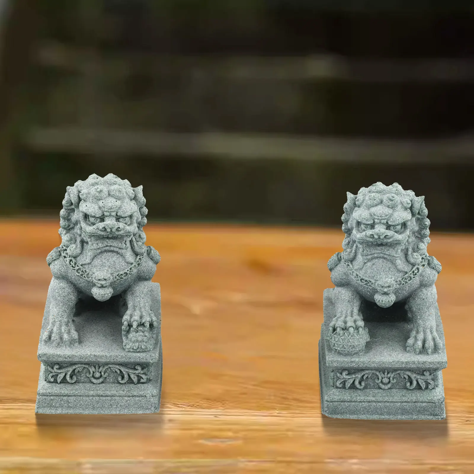 1 Pair Sandstone Fu Foo Dogs Lion Statues for Feng Shui to Protect Against Evil Influences and Enhance Wealth in Home or Garden