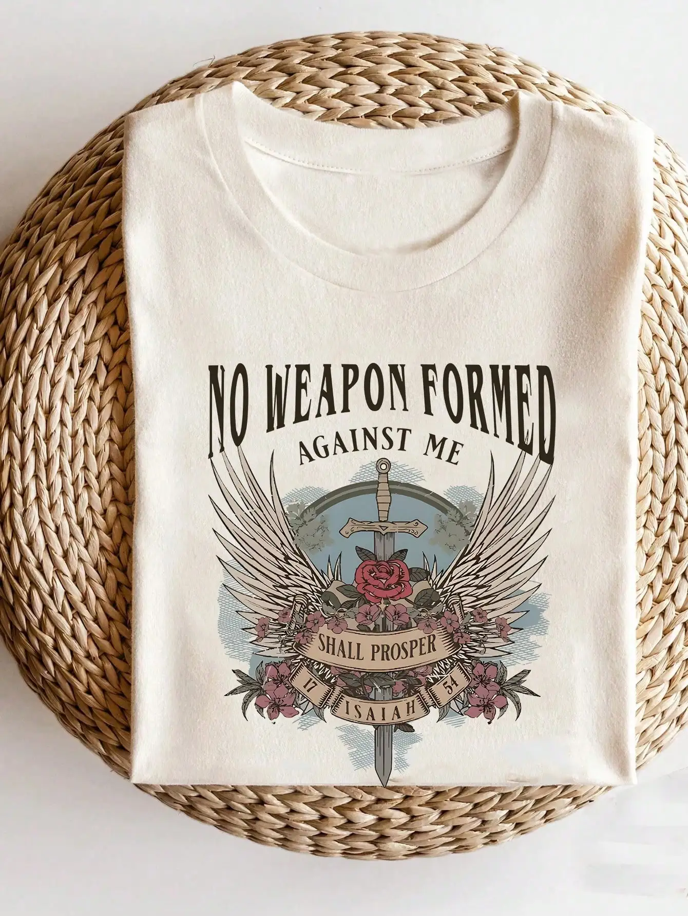 

Христианская футболка с библейским стихом Исайи 54:17, дизайн «Крылья, Меч, Роза», одежда для верующих женщин