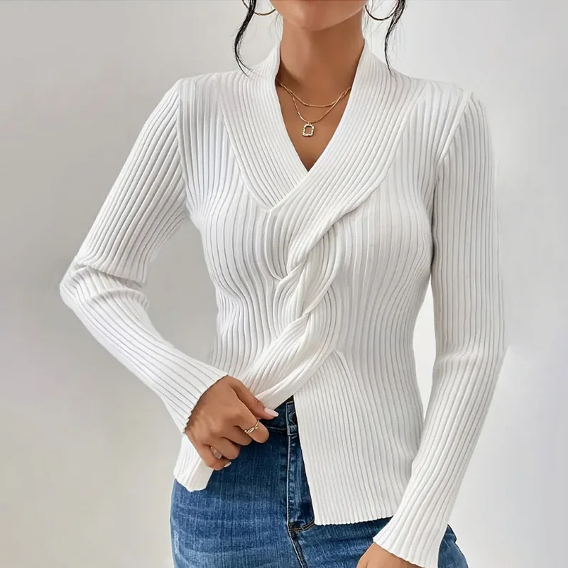 

Women's Knitwear V-neck Thread Under Spread Fork Long Sleeve Pullover Solid Color Slim-fit Sweater Femme Top Fashion Temperament