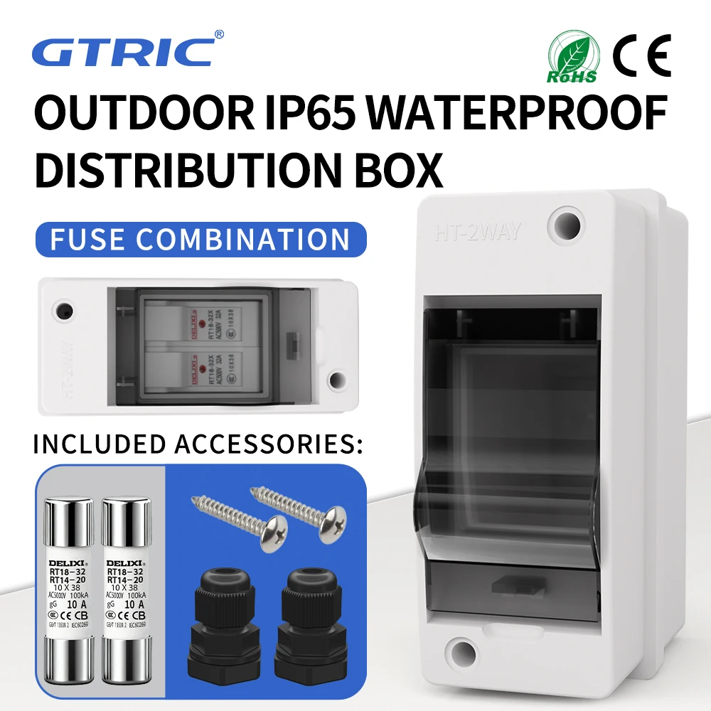 

GTRIC HT IP65 Outdoor Electrical Distribution Box 2ways RT18-32X 1P Fuse Fusible Core Kit 500VAC 2-32A PC Junction Wire Box