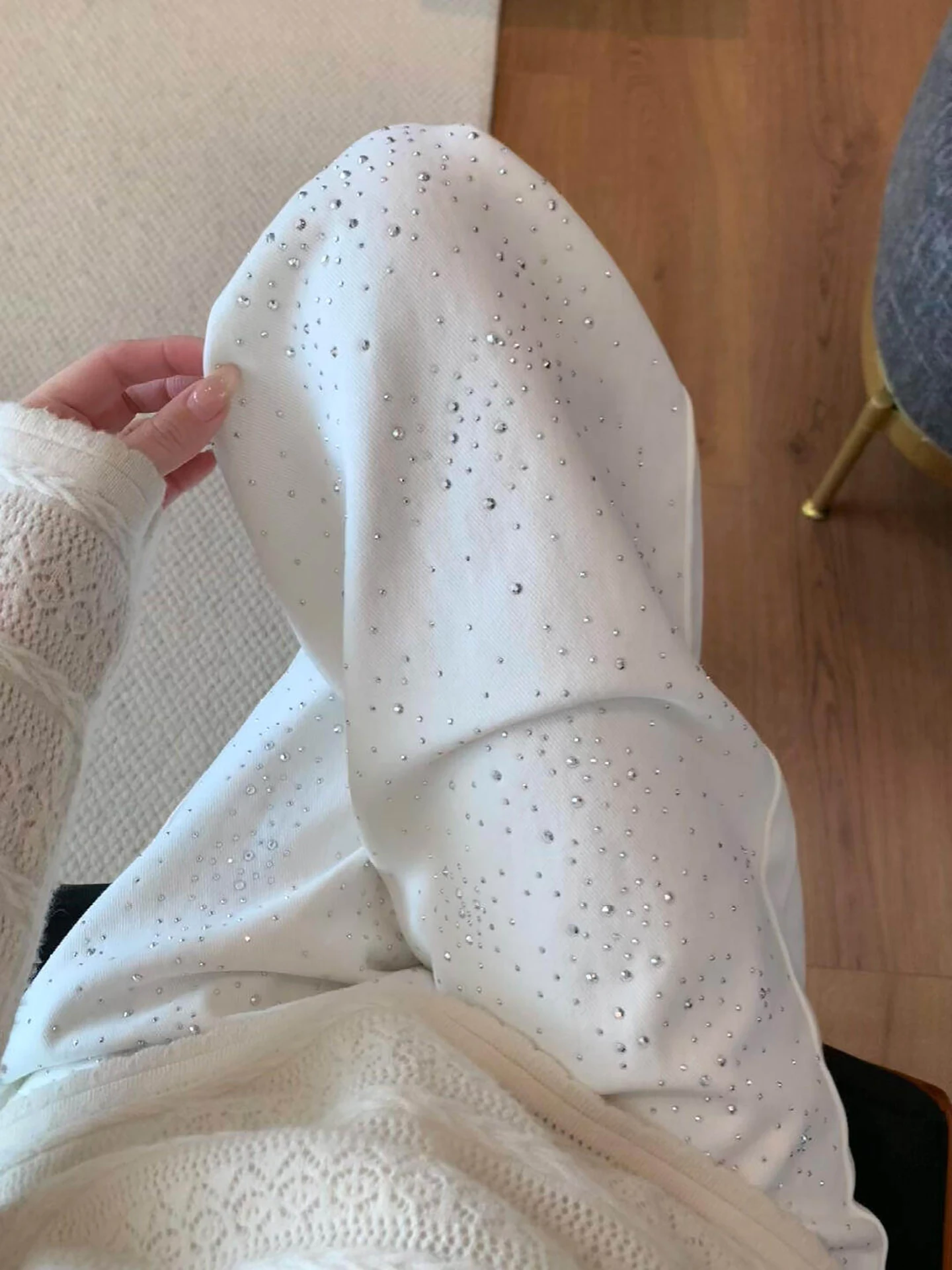 

Heavy Industry Tianxing Rhinestone Wide Leg Jeans Women's High Waist Slimming White Color Spring Season Long Jeans