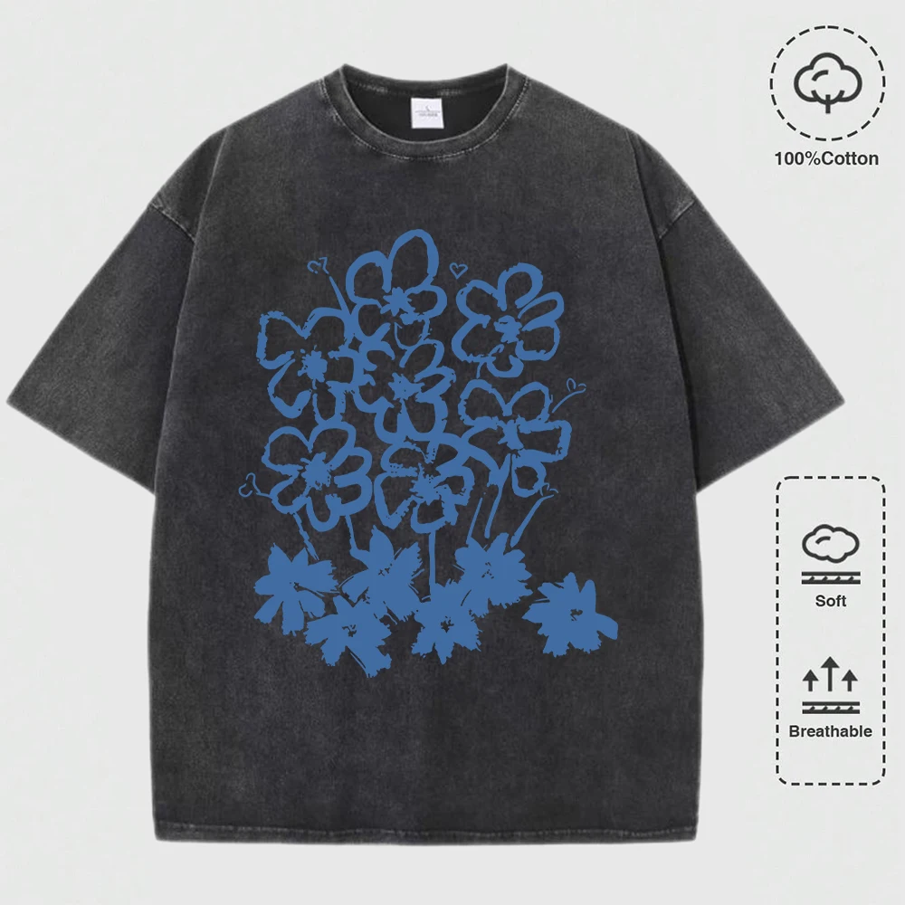 

Numerous Flowers Graffiti Prints Washed T-Shirts Men Cotton T Shirt Casual Fashions Short Sleeve Comfortable Loose Streetwear
