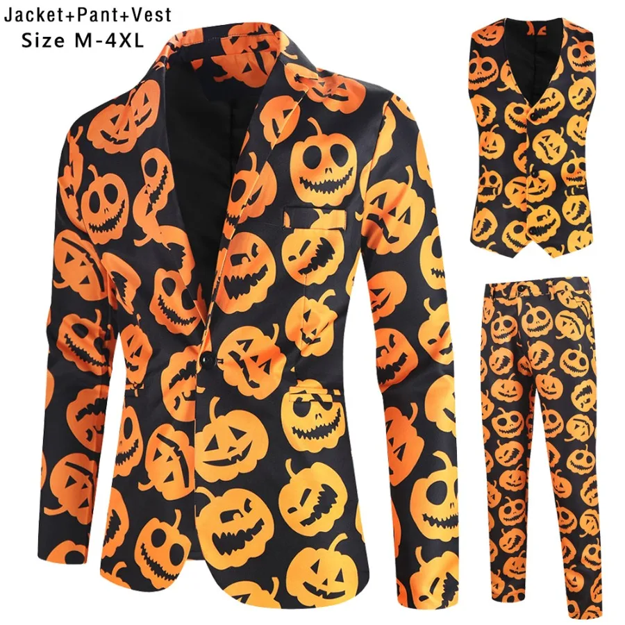 Halloween Christmas Sets Men's Winter Santa Claus Snowflake Printed Funny 3-piece Set Fashion Stage Outfits (Jackets+Vest+Pants)