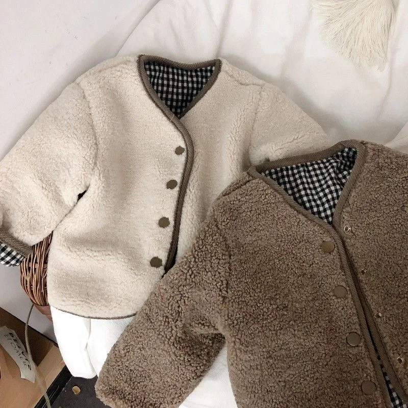 New Autumn and Winter Warm Jacket Children Two Sides Wear Plaid Plush Jacket Kids Jackets Winter Clothes for Girls