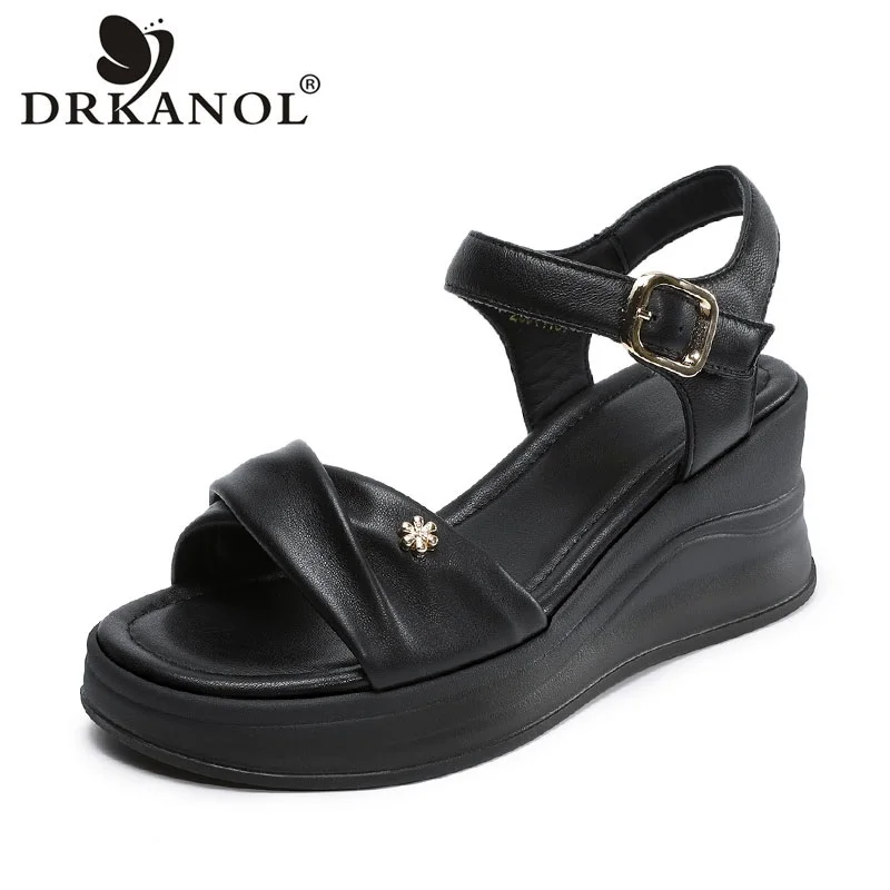

DRKANOL Women Wedges Heel Height Increasing Sandals Summer Genuine Leather Sheepskin Cool Shoes Ladies Platform Open Toe Sandals