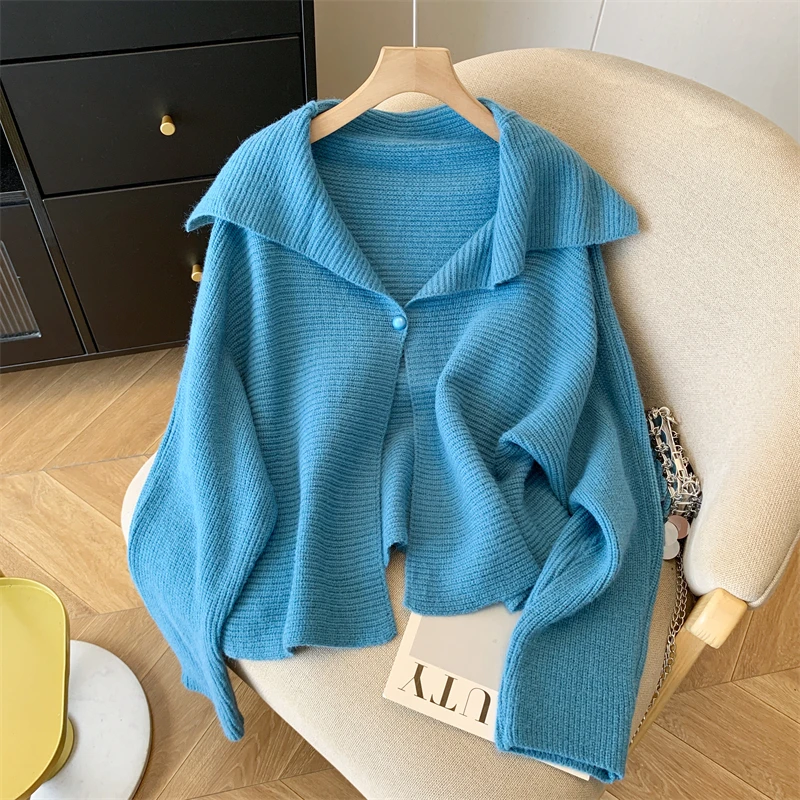 Women's Blue Cardigan Sweater 90s Vintage 2000s Y2k Loose Solid Color Knitwear Long Sleeves Cashmere Sweater Autumn 2025 Clothes