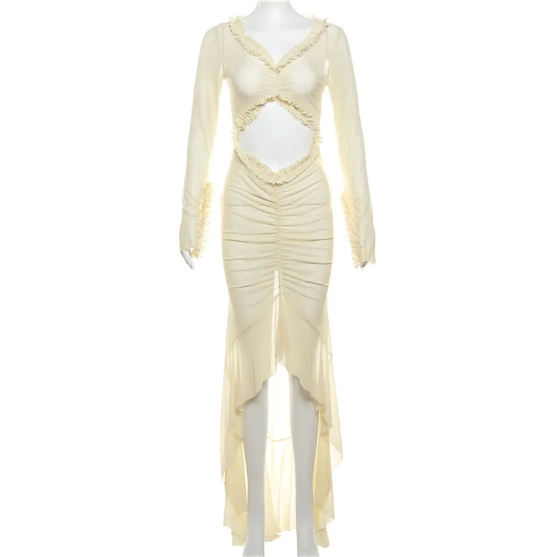 Vestido de malha conciso feminino manga longa corte shirring assimétrico ver através vestidos femininos férias praia alta divisão vestidos
