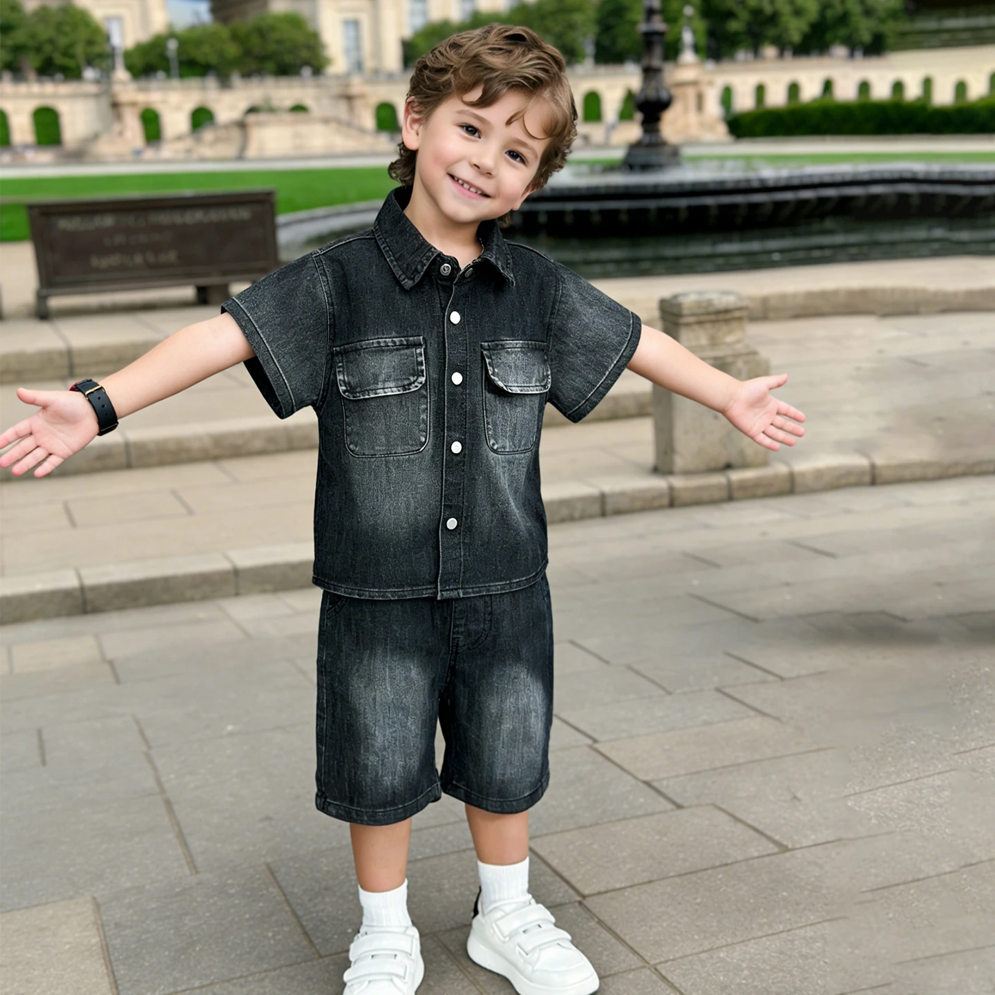 Kids Set summer 2 pieces of baby Toddler boy fashion casual Denim Multi-pocket Tie-dye short-sleeved shirt and Jeans shorts Suit