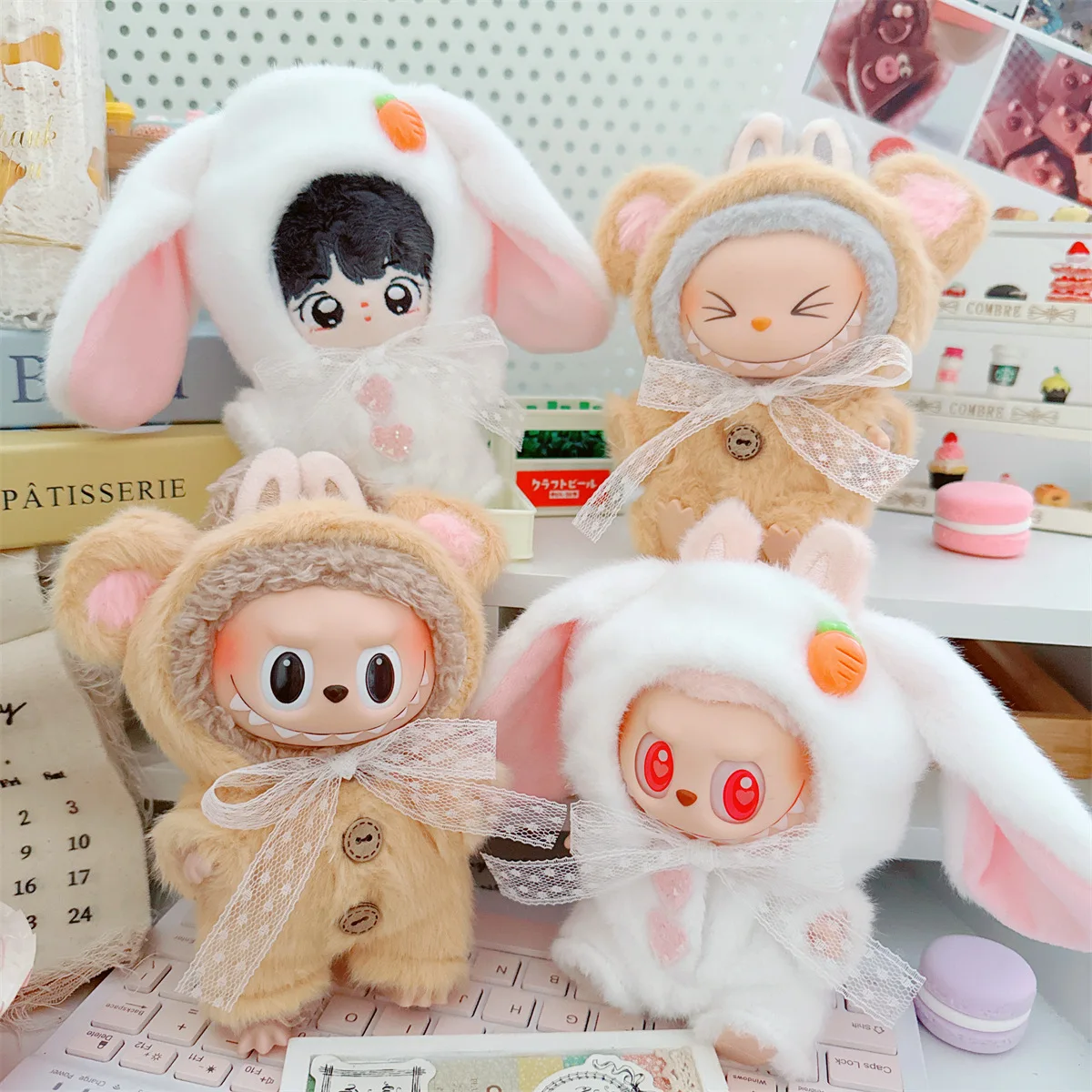 10cm Kawaii Idol Doll Cartoon Soft Fluffy White Bunny Outfit 2Pcs Set DIY Dress-Up Plush Doll Clothing for Game Play And Gifts