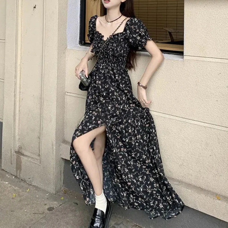 2024 Black Floral Dress Women'scloting Summer New Gentle Long Dresses Fashionable Retro Side Split Minimali Long Baggy Dresses