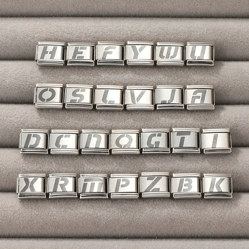 New Laser Engraving Personalized Design 26 English Letters A-Z Italian Charm Fit 9MM Bracelet Stainless Steel Making DIY Jewelry