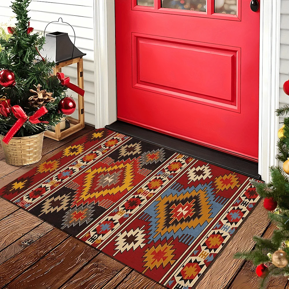 1pc, Vintage Style Door Mat, 0.47inch Thickened Sponge, Floral And Tribal Elements Pattern, Fleece, Non-Slip And Machine Washabl